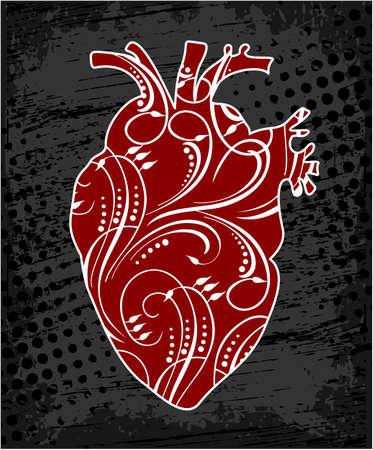 Anatomical human heart, drawing in cartoon style. Realistic red heart, illustration.のイラスト素材