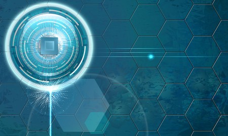 Microchip with contacts on green theme background with hexagons. including glowing elements and reflect on glass sphere. Used a clipping mask.のイラスト素材