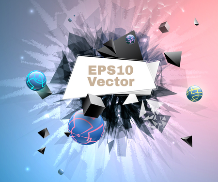 Vector Broken geometric forms on purple Background. Including banner with textplace. Including multicolored sphers and cube. Explosion, Destruction Cracked Surface Illustration. Abstract Party Posters, Used a clipping mask.のイラスト素材