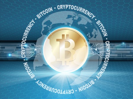 Cryptocurrency theme image. Vector illustration. Including glowing bitcoin coin on the futuristic abstract background. Used a clipping mask.のイラスト素材
