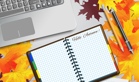 Design Concept of Office Workspace with autumn theme. Vector Illustration. Computer, notebooke, pencil and pen on the table. Used clipping masks.のイラスト素材