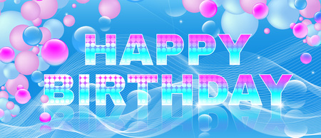 Happy birthday bright multicolored text on blue background with balloons. Greeting card or banner. Used a clipping mask.のイラスト素材