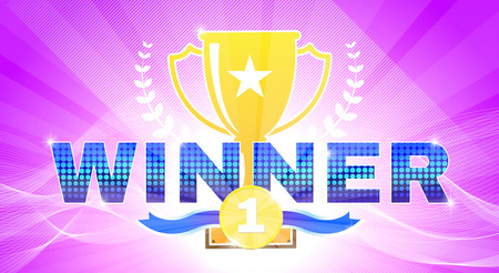 Greeting multicolored win theme on colorfull background with beams. Including ribbon, winner cup, stars and medal.Used a clipping mask.のイラスト素材