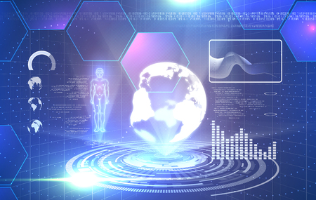 Abstract technology background. Including futuristic glowing cyber interface hud elements and man and earth hologram.Used a clipping mask.のイラスト素材