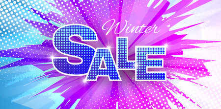 Winter sale vector banner with colors explosion sale text and snow flakes in blue background for retail seasonal promotion. Vector illustration.Used clipping mask.のイラスト素材
