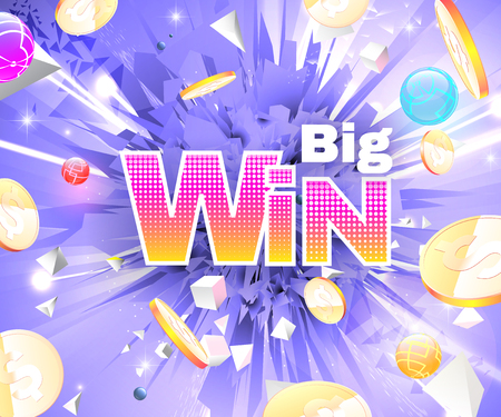 Big win theme on multicolored abstract background with winter color explosion effect and coins.Used clipping mask.のイラスト素材