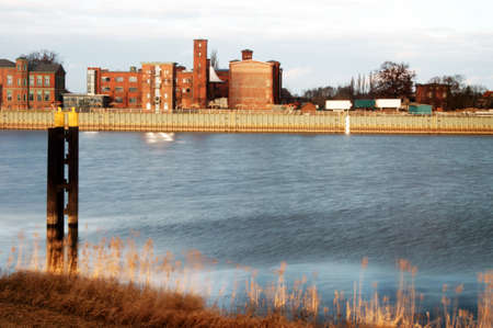 The photography of an old industrial site on the River Elbe from the city Wittenberge                    の写真素材