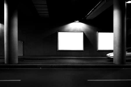 Under a bridge in Essen  On the wall hanging  illuminated display cases                の写真素材
