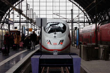 Frankfurt, Germany - December 19, 2013  Travelers leave an express train of the German Railroad in Frankfurt s main railway station on December 19, 2013 in Frankfurt                   のeditorial素材