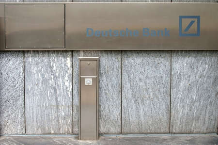 Frankfurt, Germany - February 19, 2014  The entrance sign of German Bank with a light barrier on February 19, 2014 in Frankfurt                  のeditorial素材