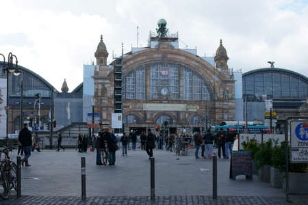 Frankfurt, Germany - February 19, 2014  The entrance to the Frankfurt main station with passers-by and pedestrians on February 19, 2014 in Frankfurt                   のeditorial素材