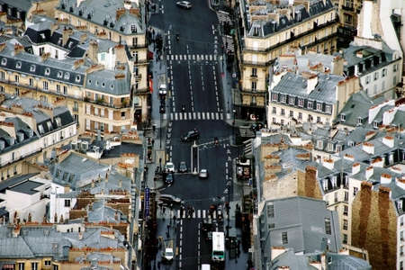 Paris, France - December 31, 2013  The aerial view of a main road with road transport, a bus stop and pedestrians on December 31, 2013 in Paris                のeditorial素材