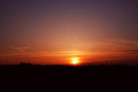 A single skydiver glides towards an intensely orange sunset.