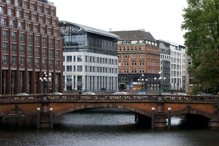 Hamburg, Germany - September 22, 2014: Stationary traffic on the townhouse bridge over the River Alster on September 22, 2014 in Hamburg.のeditorial素材