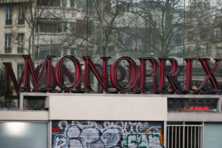 Paris, France - January 01, 2014: The old vintage signboard of the shopping Monoprix house at the Boulevard de Clichy on January 01, 2014 in Paris.のeditorial素材