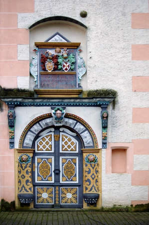 Demerthin, Germany - January 03, 2015: The front view of the castle Demerthin with a gold decorated door on January 03, 2015 Demerthin.のeditorial素材