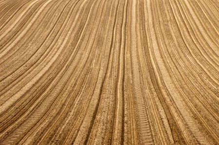The induced tractor tire tracks and furrows in a field.の写真素材