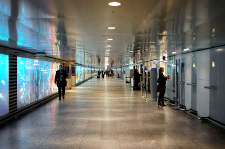 Frankfurt Germany November 27 2014: An underpass or a tunnel connecting single airport terminals in...