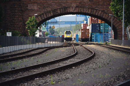 Mainz, Germany - June 24, 2015: The container terminal port and the industrial area of the company Frankenbach in Mainz with a railway station on June 24, 2015 in Mainz.のeditorial素材