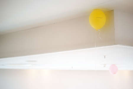 Two balloons on a ceiling with plates and panels and a sprinkler system.の写真素材