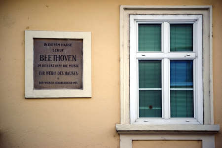 Baden, Austria - November 14, 2015: A nostalgic plate and an old window of the Beethoven House on...