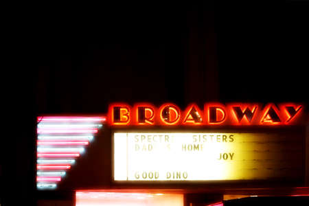 Los Angeles, United States - December 28, 2015: The illuminated entrance sign of the Broadway Cinema...