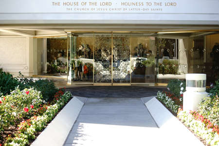 San Diego, United States - December 25, 2015: The gold ornamented glass entrance of the San Diego...