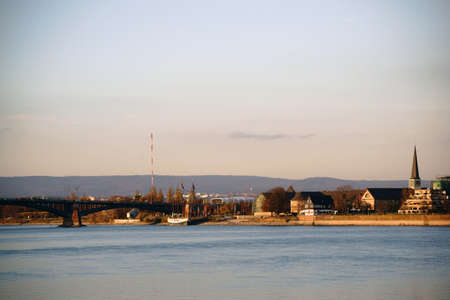 The Theodor Heuss Bridge in Mainz on the river Rhine in the evening.の写真素材
