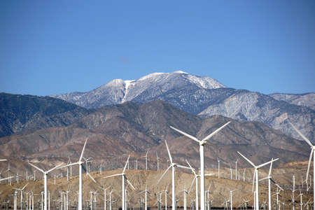 A wind turbine park in front of the the San Jacinto Peak or Mount San Jacinto near Palm Springs.