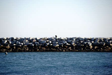 A breakwater with piled rocks in the harbor of Dana Point.の写真素材