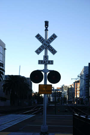 Railway tracks with adjacent residential buildings and public places in downtown San Diego.の写真素材