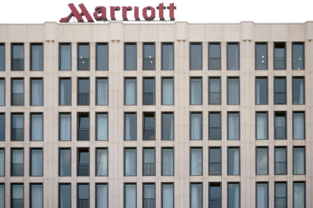 Berlin, Germany - May 10, 2016: The distinctive rows of windows of the multi-storey Marriott Hotel...