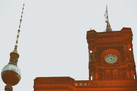 The tower of the Red Town Hall and the TV Tower via angle view.の写真素材