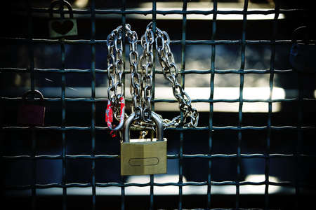 The close-up of Love locks at the fence of the Hohenzollern Bridge in Cologne.                             の写真素材