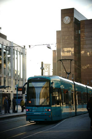 Frankfurt, Germany - January 05, 2017: A tram stops at the tram stop Willy Brandt Square in the city...