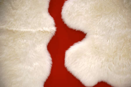The close-up of the white fabric fluffies of a bedside carpet made of animal fur.                   ...