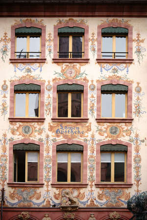 Mainz, Germany - April 20, 2017: The facade of the historic lion pharmacy at the cathedral painted with flora and famous heads on April 20, 2017 in Mainz.のeditorial素材