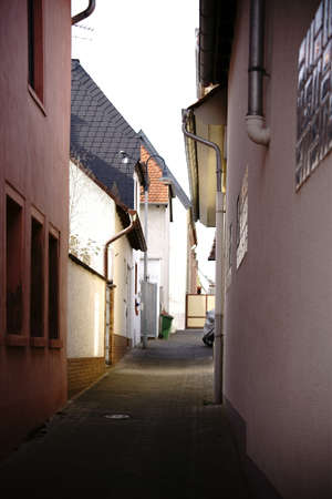 The photograph of a narrow alley between two buildings with a backyard.の写真素材