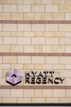 Mainz, Germany - August 21, 2017: The logo of the hotel Hyatt Regency on a tufted exterior facade on...