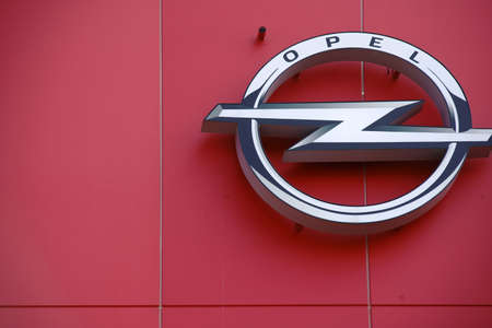 Mainz, Germany - August 20, 2017: The shiny symbol of the car manufacturer Opel at the roof edge of the Opel Arena of the 1. FSV Mainz 05 on August 20, 2017 in Mainz.のeditorial素材