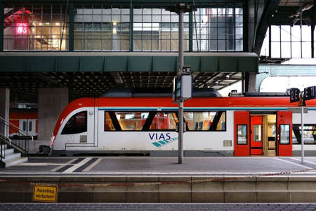 Darmstadt, Germany - November 25, 2017: A train of the VIAS GmbH, a railway company from Frankfurt on a track of the Darmstadt central station on November 25, 2017 in Darmstadt.のeditorial素材