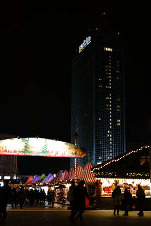 Berlin, Germany - December 05, 2017: The Christmas market at Alexanderplatz with the Park Inn Hotel in the night on December 05, 2017 in Berlin.のeditorial素材
