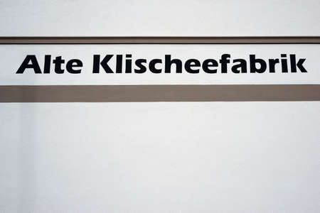 Darmstadt, Germany - December 02, 2017: The lettering and the logo of the Old ClichÃ © factory Darmstadt, at apartment building on December 02, 2017 in Darmstadtのeditorial素材