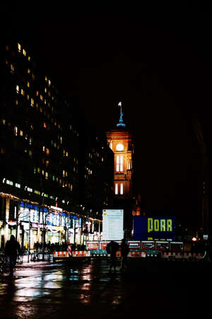 Berlin, Germany - January 03, 2018: Alexanderplatz at night in the rain with the Red Town Hall in the background on January 03, 2018 in Berlin.のeditorial素材