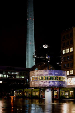 Berlin, Germany - January 03, 2018: The World Clock at night on Alexanderplatz in the rain of January 03, 2018 in Berlin.のeditorial素材