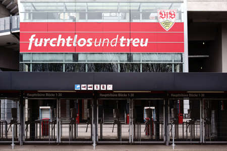 Stuttgart, Germany - February 03, 2018: The barred entrances to the Mercedes-Benz Arena with places to the grandstand on February 03, 2018 in Stuttgart.のeditorial素材