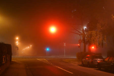 A street with glowing street lamps and a traffic light crossing in the night and in the fog.        ...