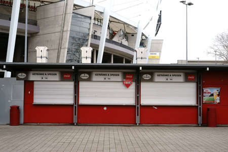 Stuttgart, Germany - February 03, 2018: Closed food and beverage kiosks at the entrance to the Mercedes-Benz Arena on February 03, 2018 in Stuttgart.のeditorial素材