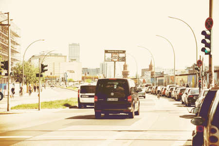 Berlin, Germany - May 09, 2016: Infrastructure and traffic along the East Side Gallery, at artistically painted section of the Berlin Wall on May 09, 2016 in Berlin.のeditorial素材