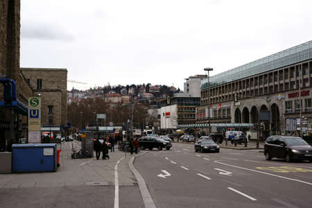 Stuttgart, Germany - February 03, 2018: Business buildings, hotels and traffic along the Theodor-Heuss-Street at the main station on February 03, 2018 in Stuttgart.のeditorial素材